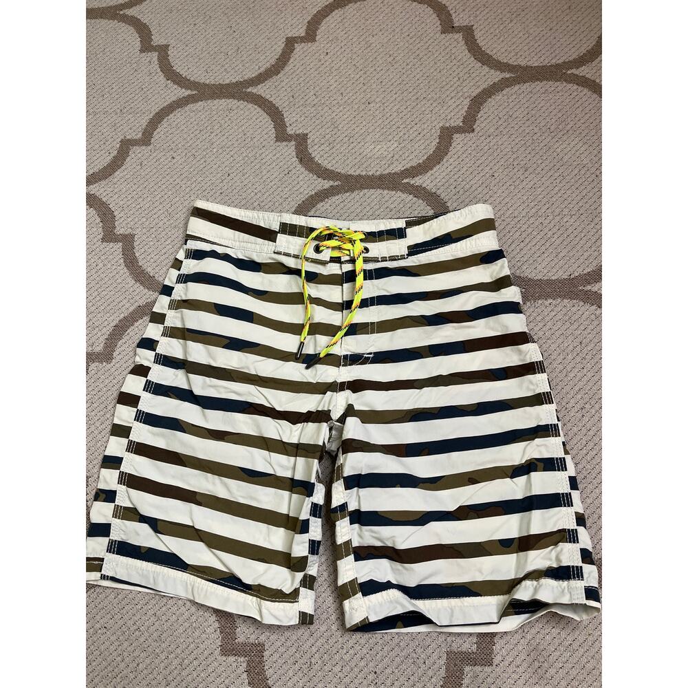 Crewcuts Boys Striped Swim Trunks in White, Navy & Brown with Yellow Drawstring